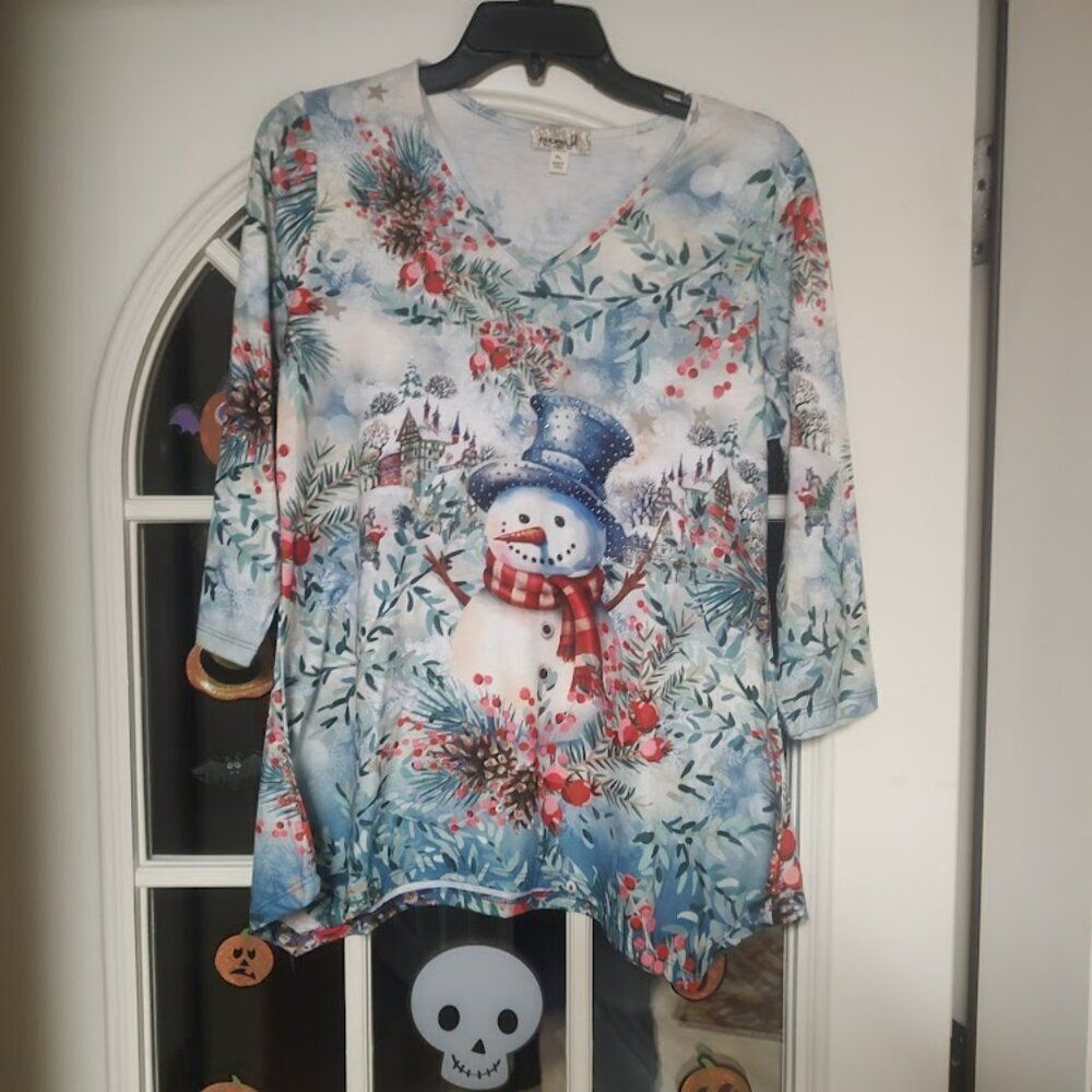 One World Multi-Color Snowman 3/4 Sleeve Top Size Women's Petite L